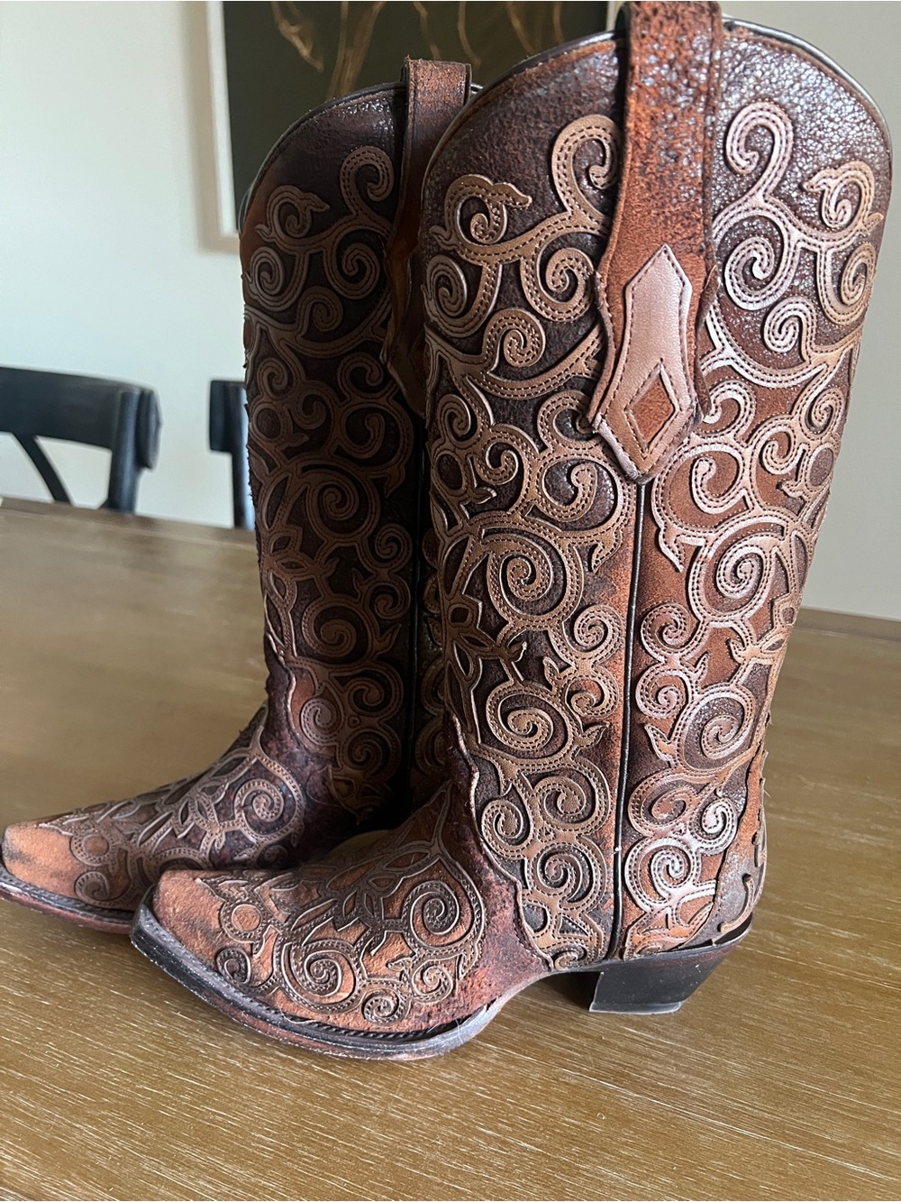 ✧🤎Corral Boots🤎✧ Womens Chocolate Tooled Inlay Snip Toe Cowboy Mid Calf  Size 7 - Picture 2 of 5